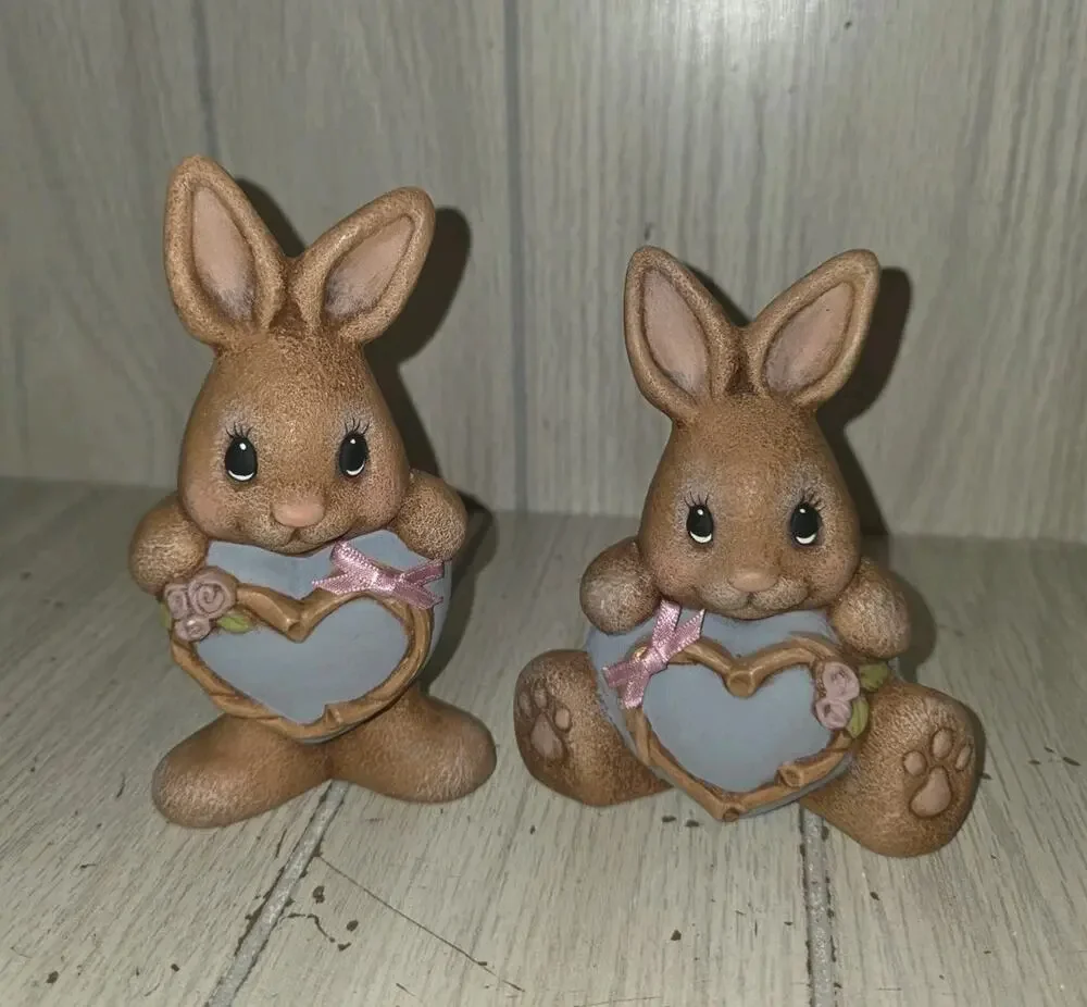 Vtg Brown Easter Bunnies Holding Pink Hearts Bows Cottagecore Heritage Kitsch